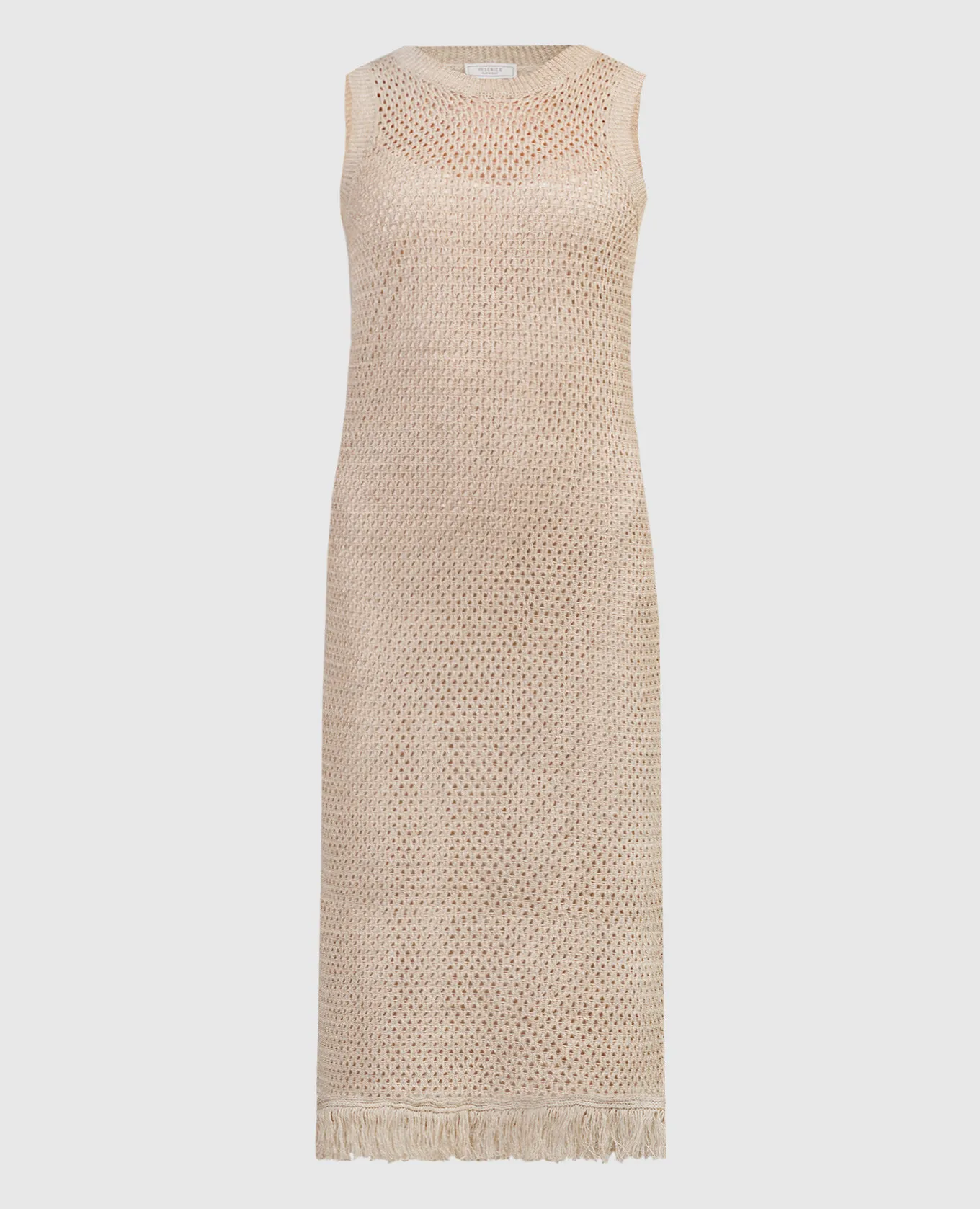 Peserico Beige openwork linen dress with fringe