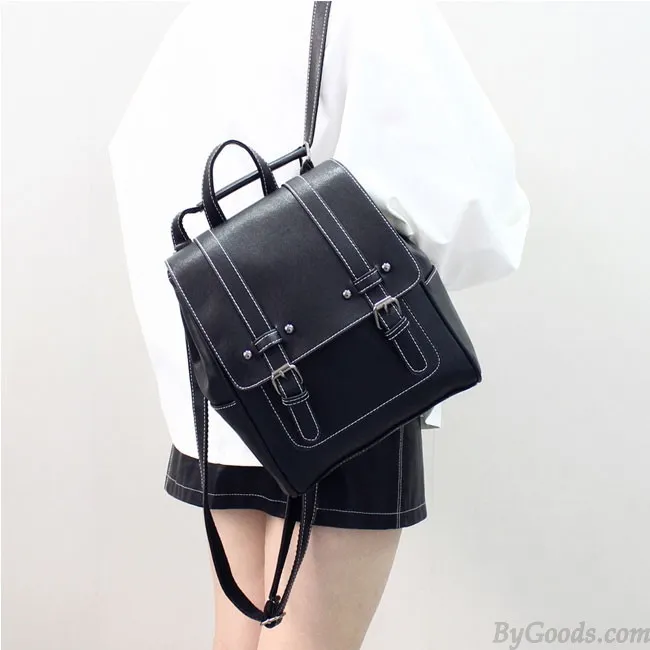Retro British Style Rivet Soft PU Double Buckle College Backpack